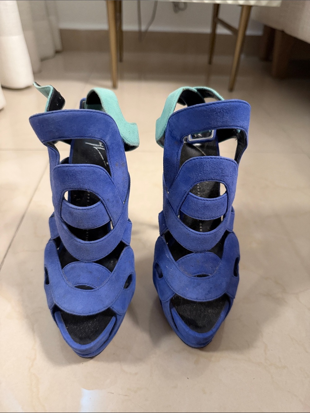 Giuseppe Zanotti Blue Suede Cutout Strap Heels with Mint Accent